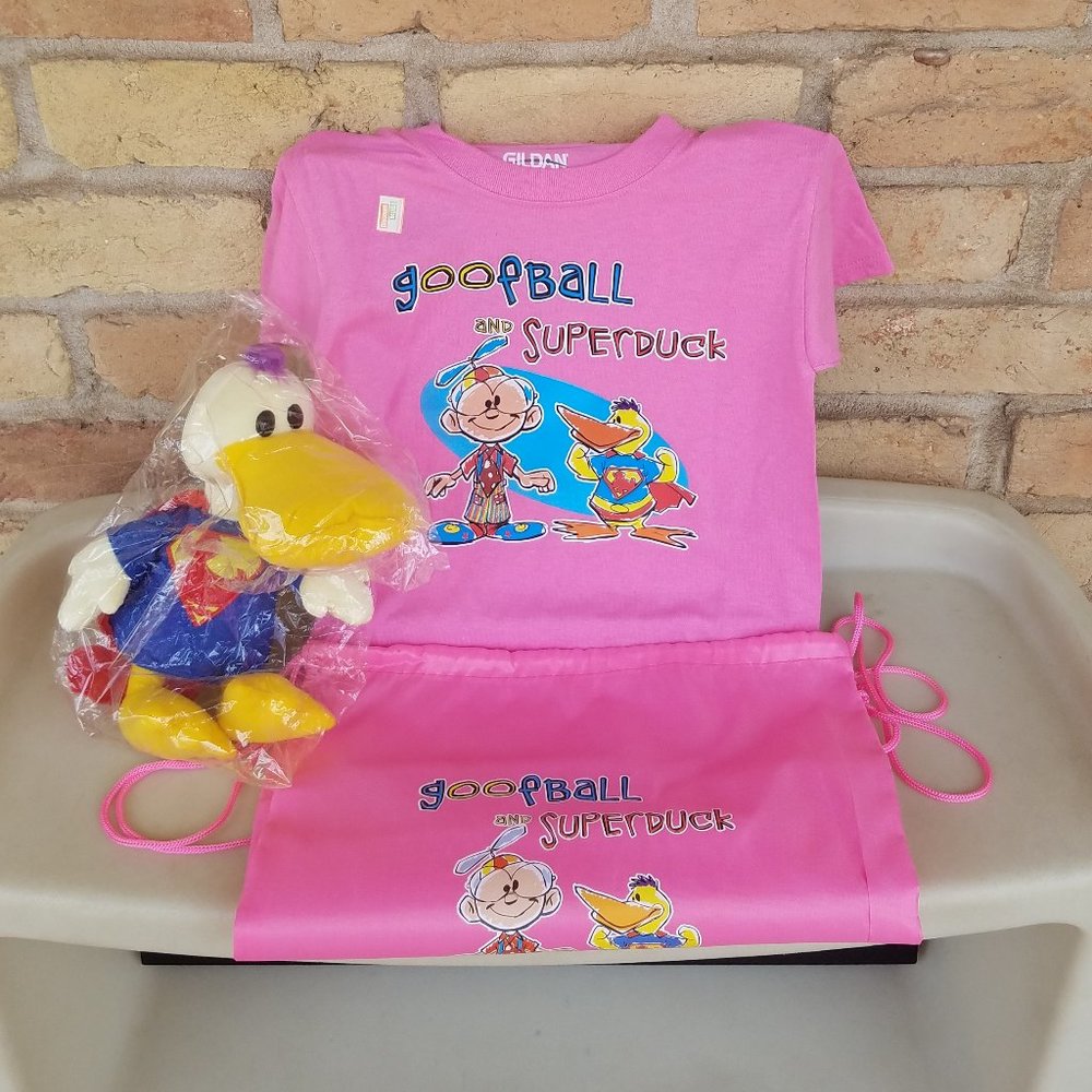 Goofball & Superduck Comic Strip Plush Duck, Pink Shirt & Drawstring Bag Bundle